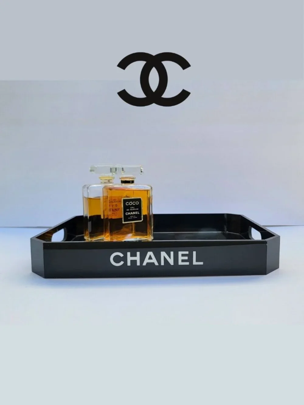 Authetic CHANEL black acrylic tray, mirror surface, handles for vanity display